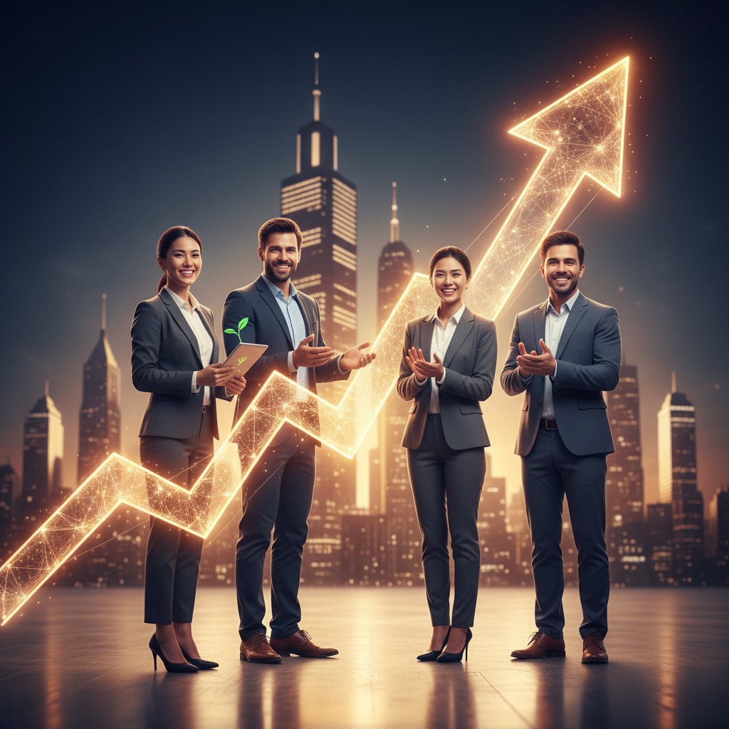 four business professionals in suits standing in front of a large city skyline, with a large golden line graph rising behi...