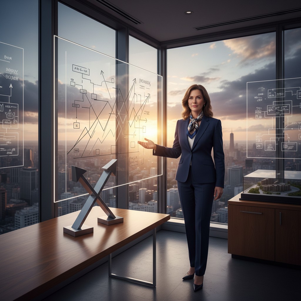 Major woman in a blue-business suit standing by a digital screen, pointing to a chart, with city buildings in the bottom-r...