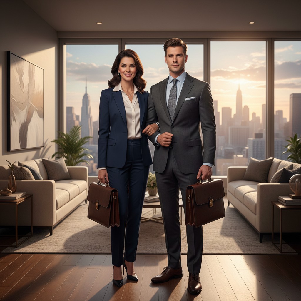 A man and woman dressed in business attire, standing in a modern living room with city skyline view, holding briefcases.