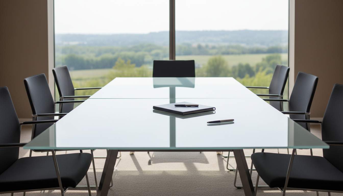 A modern, glass-topped boardroom conference table featuring clean, angular steel legs and a frosted finish, surrounded by sleek matte-black executive chairs. The table is devoid of clutter, holding only a single closed navy portfolio and a brushed metal pen. The scene is set in a sophisticated office environment with neutral taupe walls and a panoramic window revealing a softly blurred, green landscape outside. Daylight pours in, producing crisp but subtle highlights on the glass and gentle shadows on the carpeted floor. Captured at eye level with balanced, symmetrical composition and sharp focus throughout, this photographic image conveys professionalism and clarity, aligned with a minimalist, corporate aesthetic ideal for a consulting firm website.
