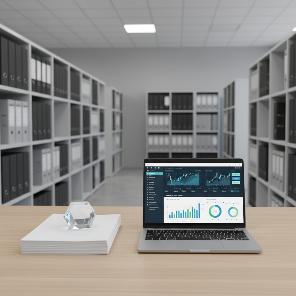 A meticulously organized desktop, featuring a silver laptop with an open financial dashboard on screen, a stack of unbranded white papers, and a geometric acrylic paperweight. The workspace sits atop a smooth, light oak veneer desk in a spacious, well-appointed office edged with structured shelving displaying simple, monochrome binders. Soft, diffused overhead lighting casts minimal, elegant shadows, enhancing the neutral color palette. Framed from a slightly elevated angle focusing on the desktop's pristine order, the atmosphere is calm, competent, and inviting. The artistic intent emphasizes clean lines, balance, and an efficient, businesslike tone—perfect for a consulting firm's homepage imagery.