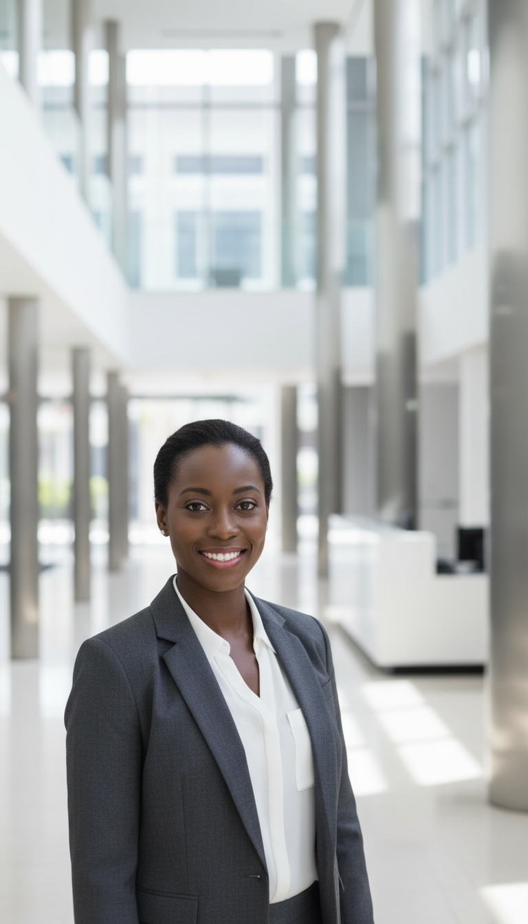 Business formal stock photo portrait of a Black female consultant in a charcoal blazer and white blouse, standing in a bright corporate lobby with glass and steel elements, arms relaxed at her sides, warm confident smile, framed waist-up, clean modern professional aesthetic