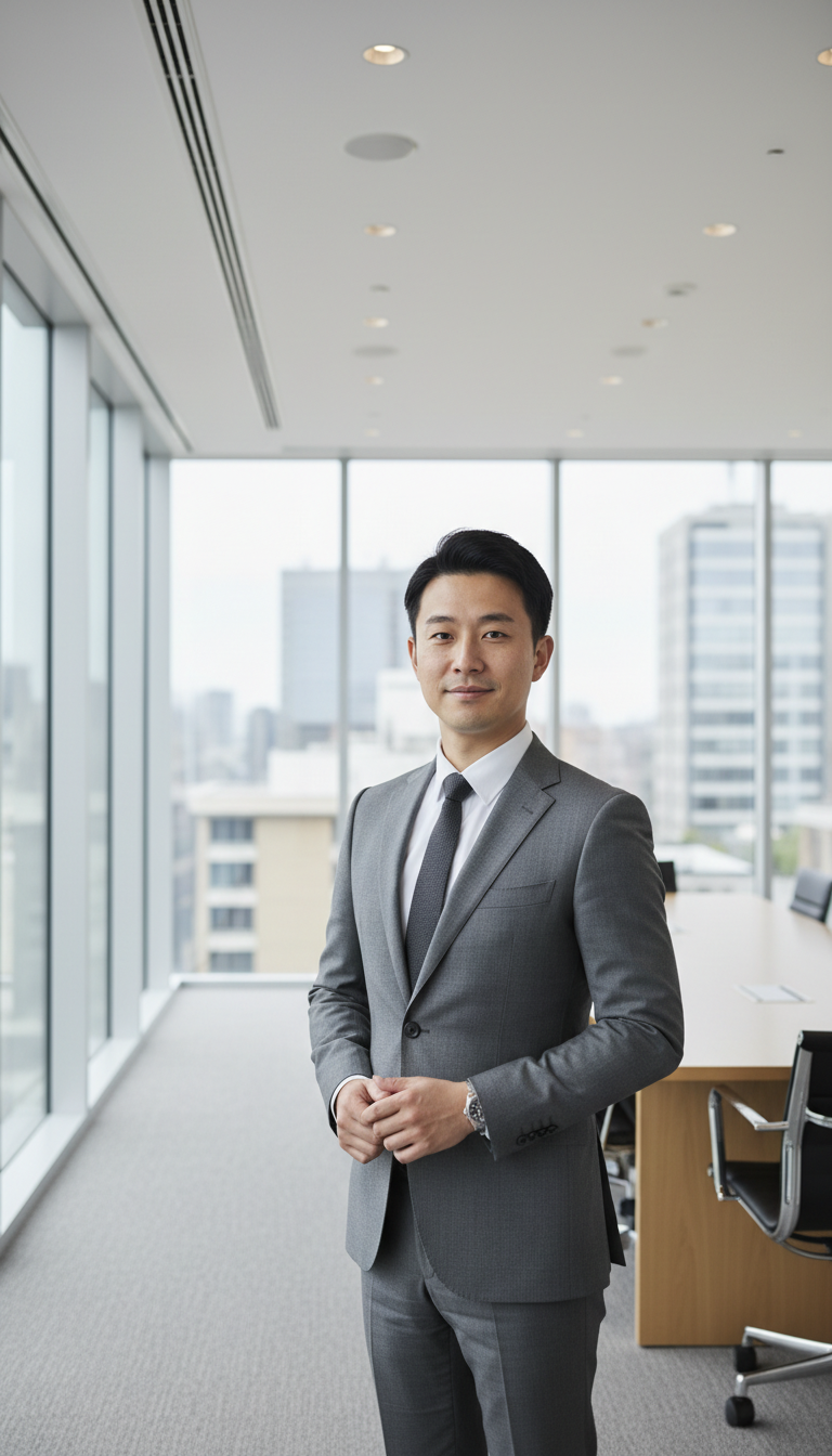 Business formal stock photo portrait of an East Asian male consultant in a slim-fit grey suit and white shirt, standing in a minimalist conference room with glass walls, neutral tones, slight smile with focused expression, framed waist-up, contemporary corporate style