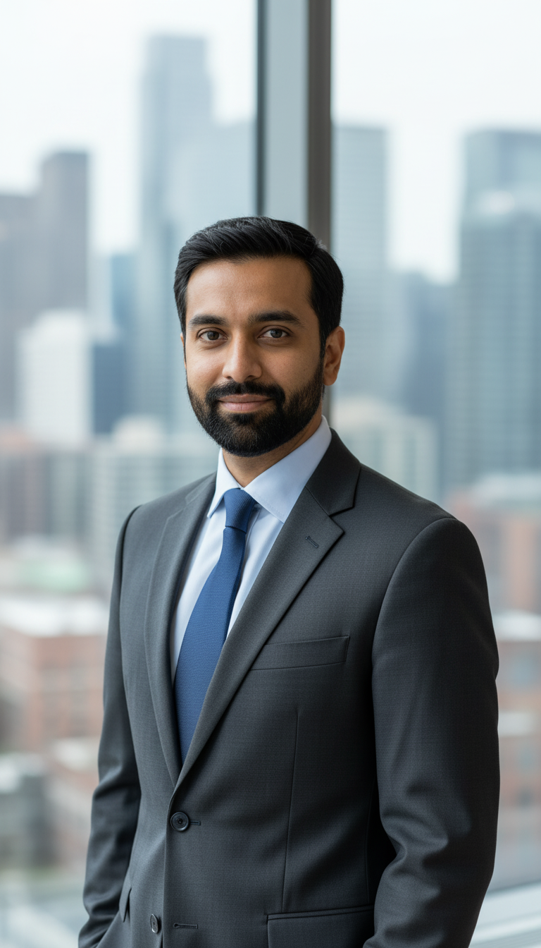 Business formal stock photo portrait of a Middle Eastern male consultant with neatly trimmed beard, wearing a dark suit and white shirt, standing near a large window with city skyline softly blurred behind, calm confident expression, framed waist-up, polished professional style