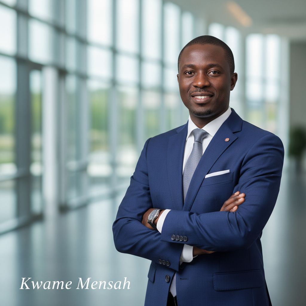 Business formal stock photo portrait of a professional African man named Kwame Mensah. Crisp suit, friendly and competent demeanor, suitable for a consulting team website.