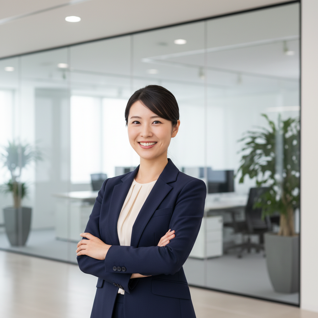 Business formal stock photo portrait of an East Asian woman consultant in a tailored navy blazer and light blouse, standing in a modern office with glass walls and neutral tones, friendly professional expression, waist-up framing, clean contemporary corporate style suitable for a consulting team profile image