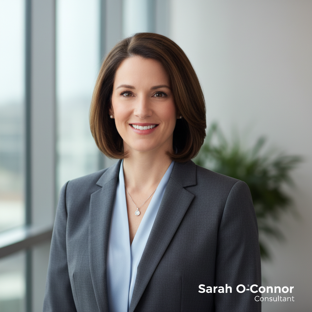 Professional business formal headshot of a white woman consultant, suitable for representing Sarah O'Connor on a consulting team page