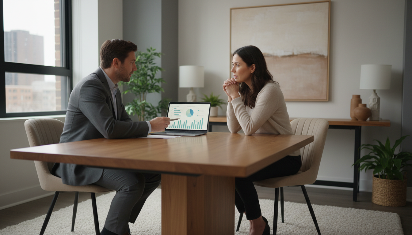 business consultant and small business owner in a meeting reviewing financial charts on a laptop in a modern but warm office, neutral colors