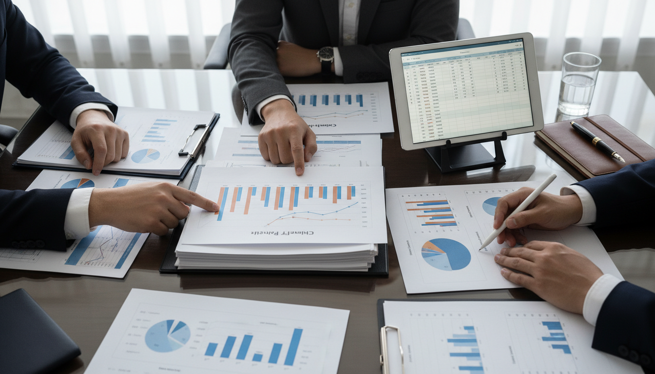 overhead view of financial planning meeting with documents, graphs, and a tablet on a conference table, hands of two people visible, professional and tidy workspace