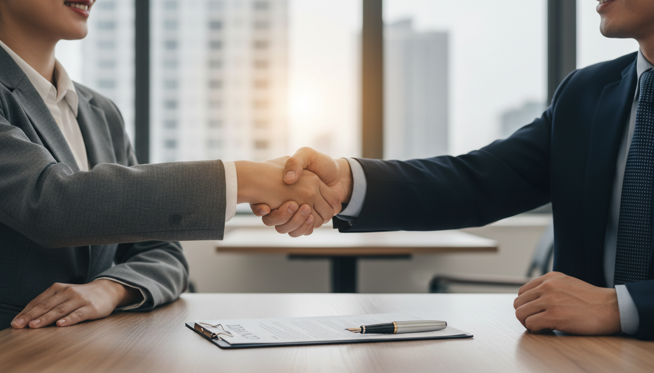 close up of a business owner and advisor shaking hands over a desk with contract and pen visible, symbolizing partnership and trust, neutral and professional colors