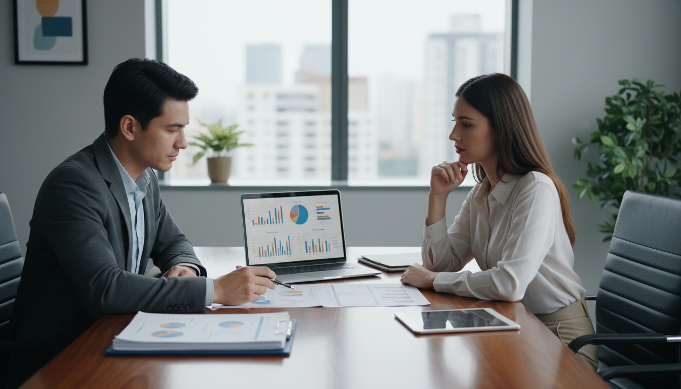 Business professional photograph representing implementation and ongoing review services for a consulting firm: a consultant and a business owner reviewing financial reports on a sleek conference table, with a laptop showing charts and documents neatly arranged; neutral, modern office setting, calm and professional mood, matching existing minimalist imagery on the site.