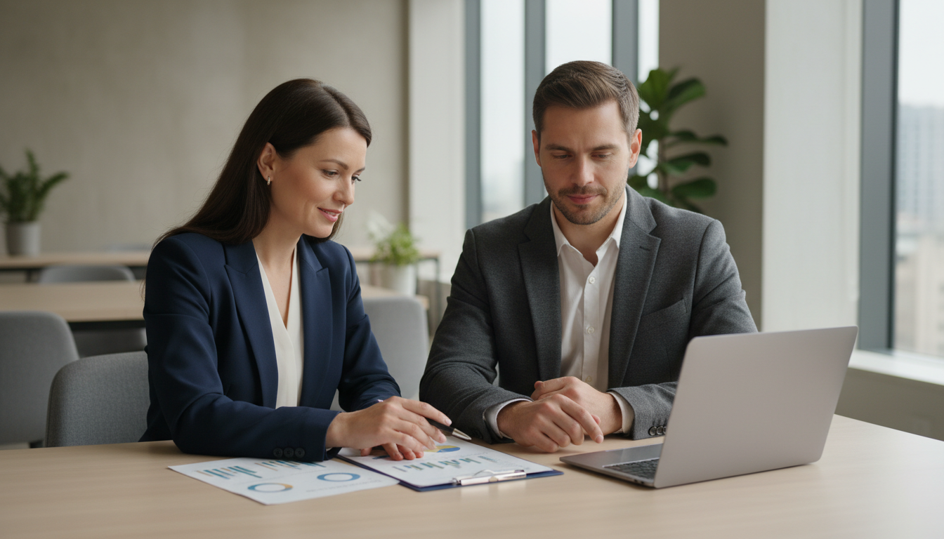 Business professional scene representing financial and business strategy: a mid-career consultant in business attire sitting with a small business owner at a conference table, reviewing printed financial statements and a laptop dashboard together. Clean, contemporary office, neutral palette similar to existing site imagery, calm and confident tone.