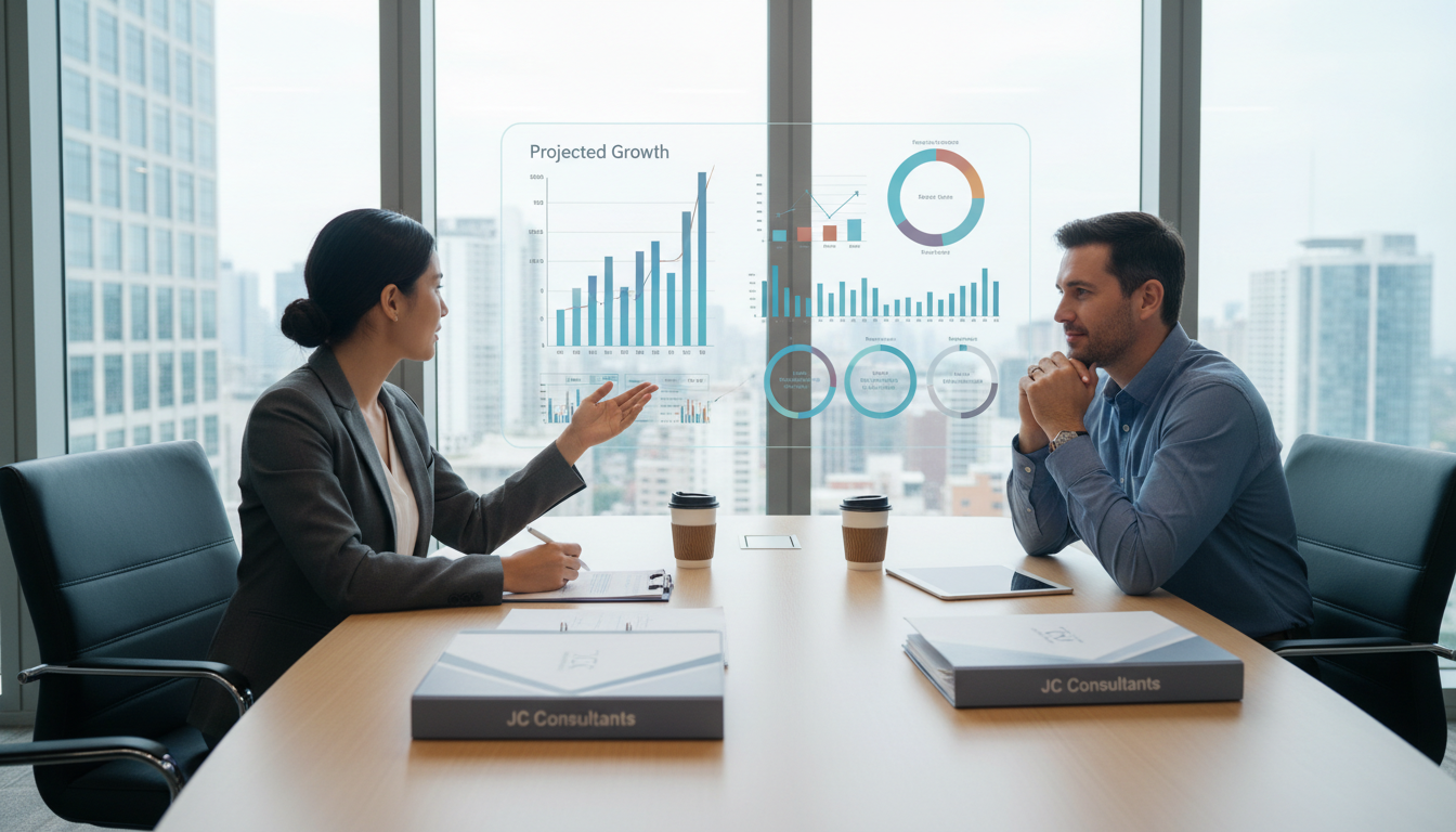 Professional business and financial consulting meeting representing capital and growth readiness services: advisor and small business owner reviewing financial projections, charts, and funding scenarios around a conference table in a bright, modern office. Neutral, minimal branding to match JC Consultants visual style, calm and confident tone.