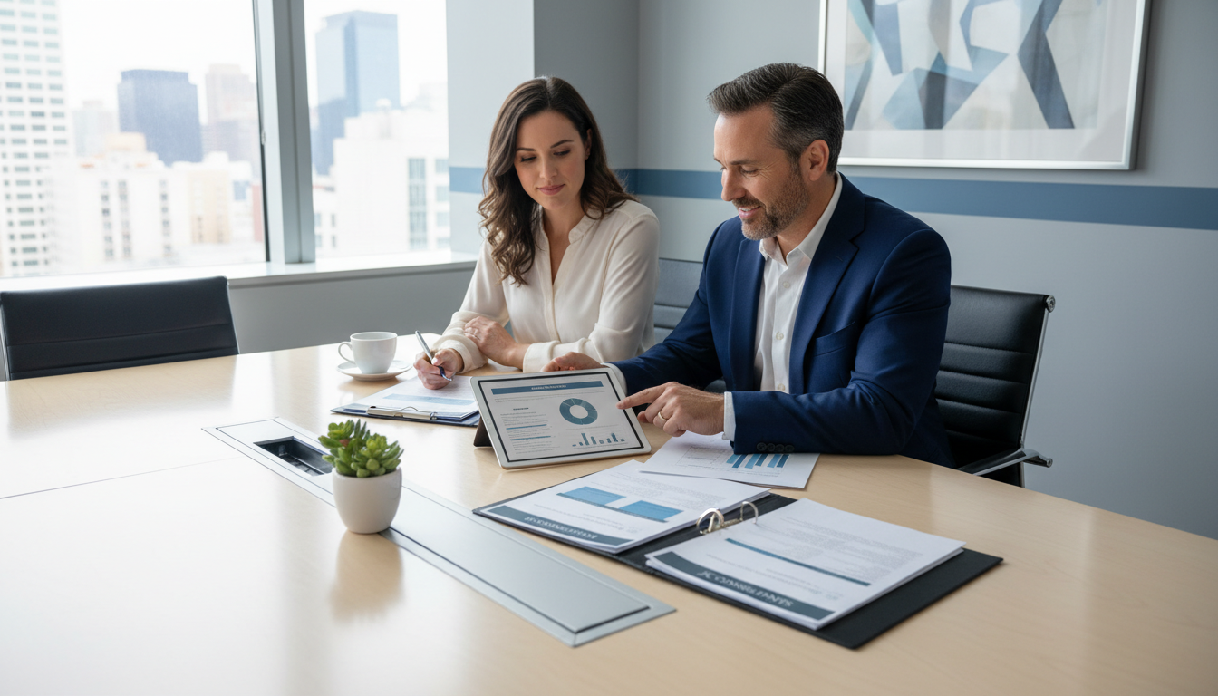 Insurance and risk management consultation for a small business owner: advisor and client reviewing insurance policies, coverage options, and risk scenarios at a clean, modern conference table. Documents and a tablet with policy summaries visible, neutral and professional color palette that fits JC Consultants brand, calm and reassuring tone.