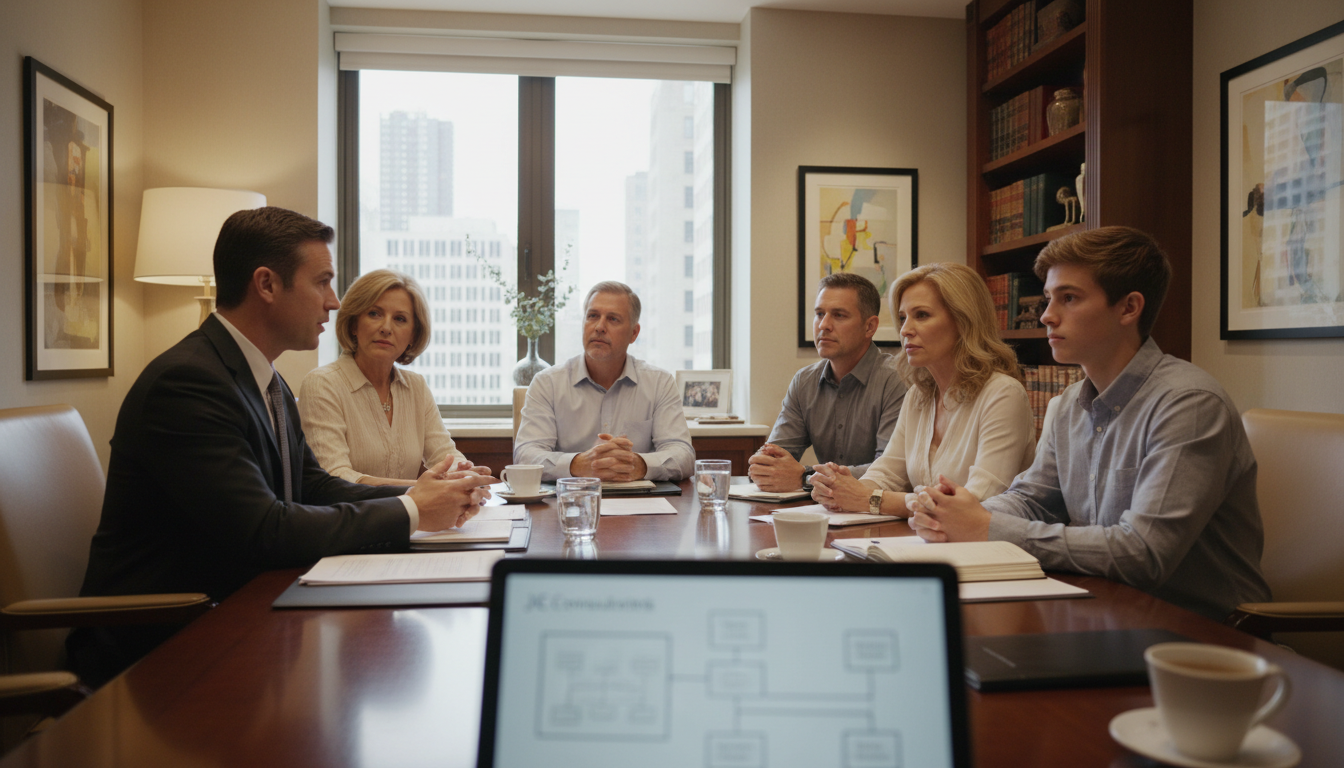 Estate and legacy planning support consultation: advisor speaking with a multi-generational business-owning family in a refined, professional office setting. Subtle focus on documents and a tablet showing estate diagrams or succession options, warm but neutral tones consistent with JC Consultants imagery, thoughtful and forward-looking mood.